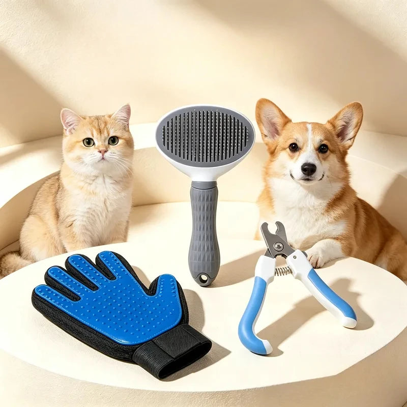 Pet Grooming Kit 3Pcs Dog Cat Grooming Glove Self‑Cleaning Slicker Brush Pet Nail Clipper For Cats Dog Hair Remover Massage Tool Quake
