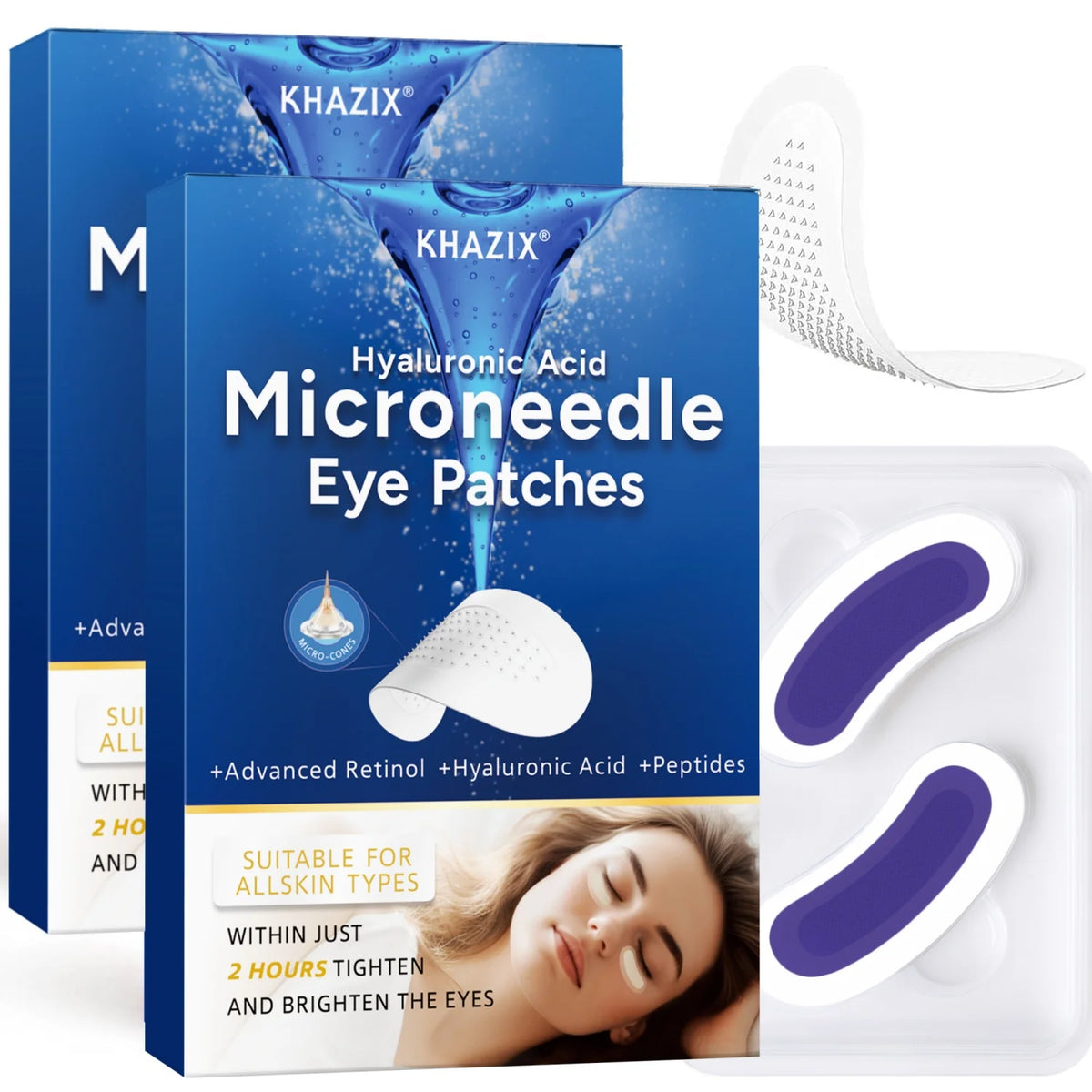 Anti-Wrinkle Retinol Microneedle Eye Patches, Hyaluronic Acid & Peptides, for Crow's Feet Forehead Smile Lines, 1Pair. Quake Blue