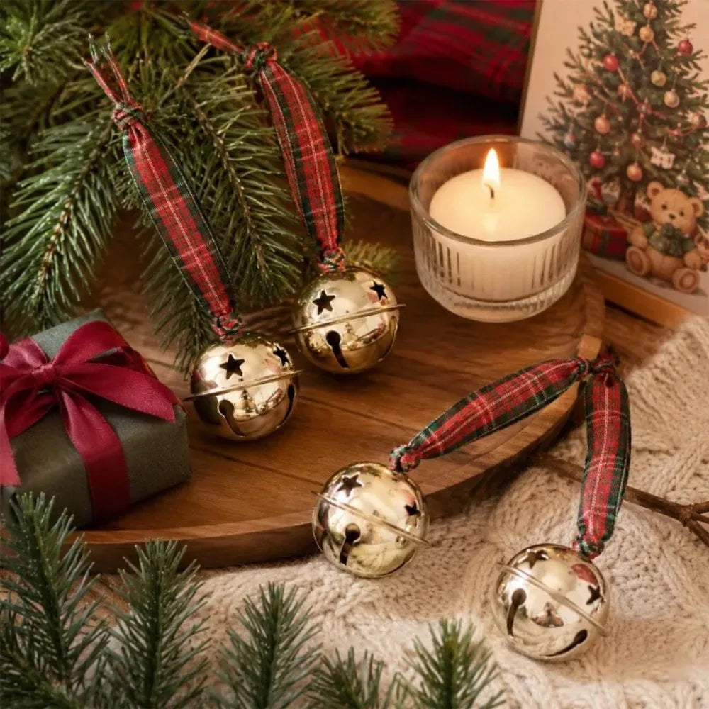 Christmas Tree Bell Pendant Red Green Checkered Ribbon Bell Christmas Wreath Hanging Ornament DIY Festival Party Home Decoration Quake