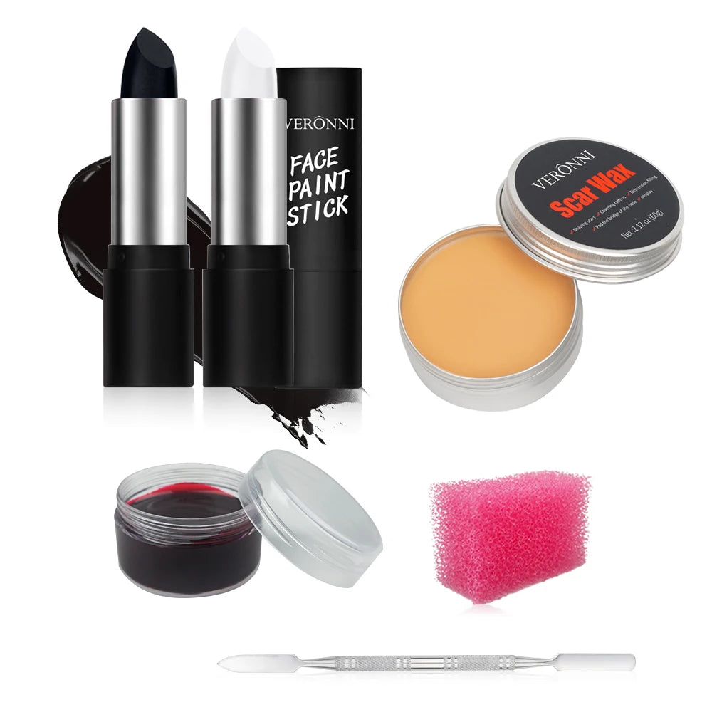 6Pcs SFX Makeup Kit Face Body Painting with Scar Wax, Fake Blood,Spatula, ponge,Halloween Artist Makeup Painting Kit Halloween M Quake 01