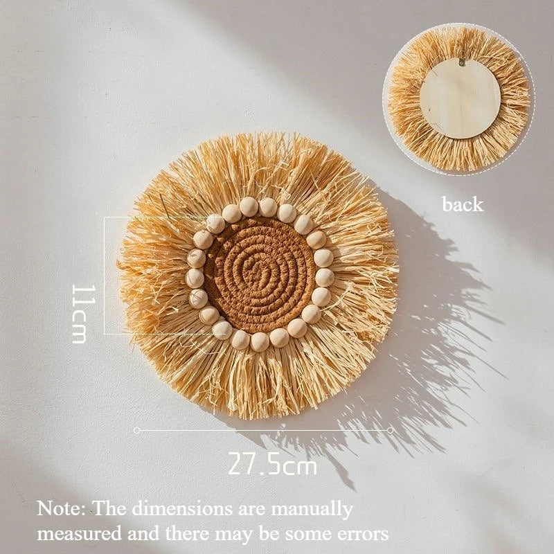 Hand‑Woven Straw Wall Hanging Boho Round Wicker Wall Decor Rustic Tapestry Ornament for Home Living Room Entryway Quake A
