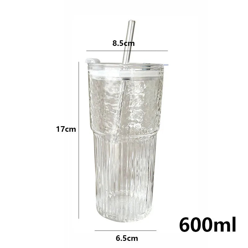 YWDL 600ml Stripe Glass Cup with Lid And Straw Transparent Milk Tea Juice Cup Drinking Glasses Ice Water Coffee Mug Bar Quake
