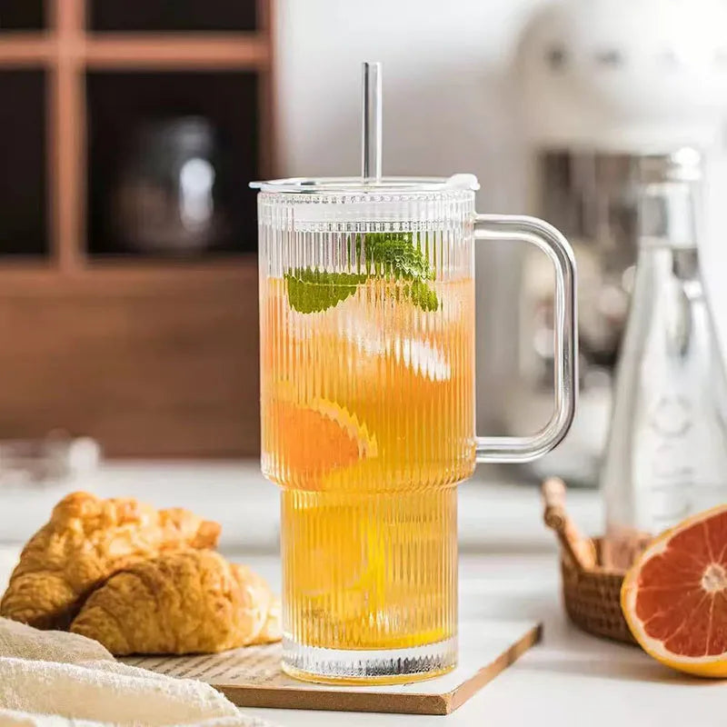 YWDL 760ML Ribbed Glass Tumbler with Handle And Lid Large Iced Coffee Cup with Straws for Cold And Hot Beverages 1/2 Set Quake