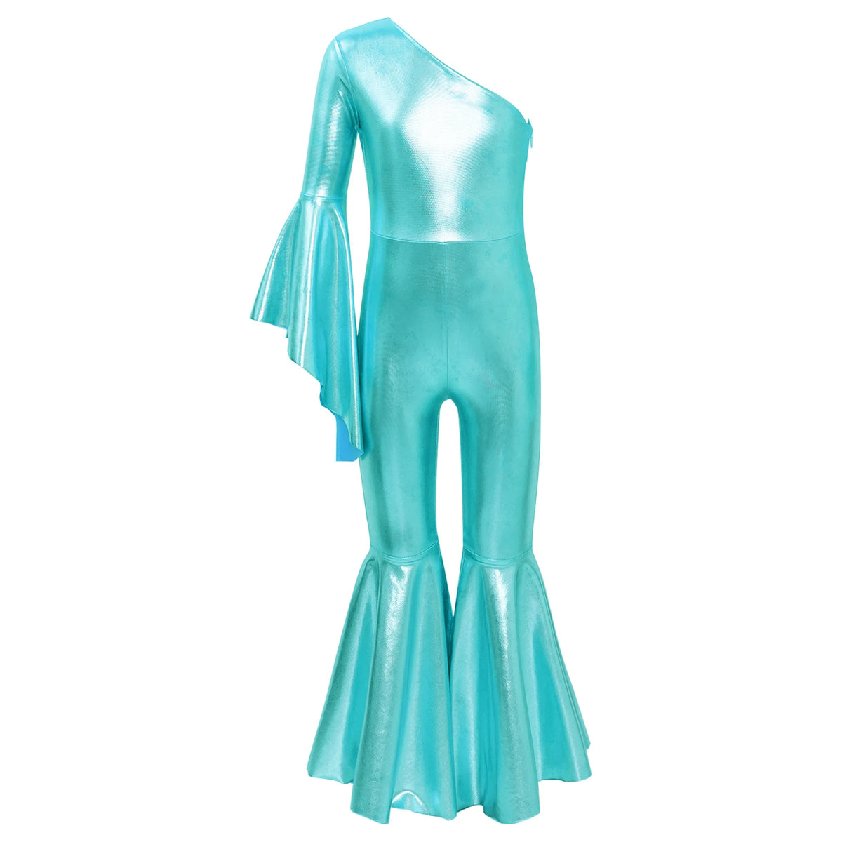 Shiny Halloween Hippie Costume Bell Bottom Jumpsuit for Girls Movie Character Sequins Disco Outfit 70s 80s Prom Party Costume Quake Blue Green A 16
