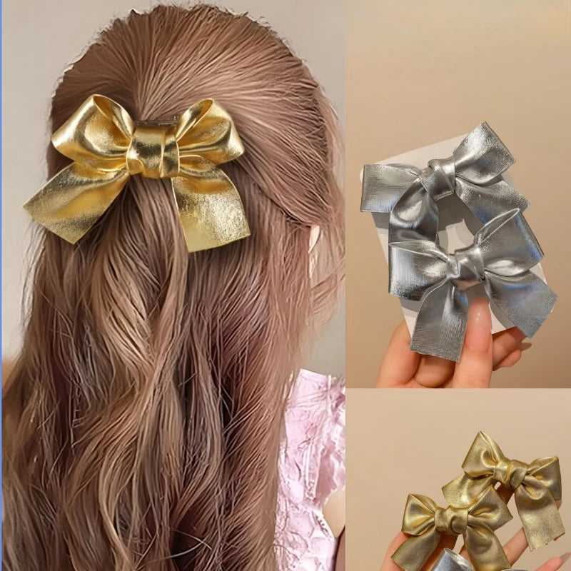 2pcs Gold Silver Bow Hair Side Clips Fashion Sweet Duckbill Clips Hair Styling Accessories Suitable for Women Girls Daily Wear Quake