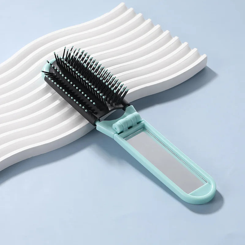 Portable Travel Foldable Comb Anti-static Massage Comb with Mirror Girls Styling Small Folding Brush Special for Real Hair Wigs Quake Green