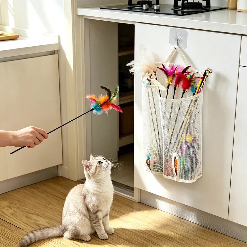 Cat Teaser Wand Toy Set With Mesh Hanging Storage Bag Self Adhesive Hook Interactive Kitten Feather Wand Organizer Kit Quake