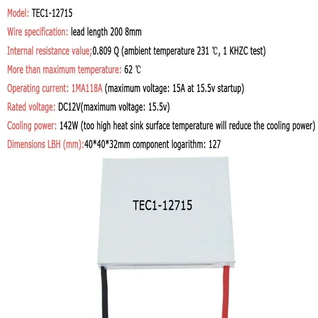 DIY TEC1 12703 12704 12705 12706 12708 12709 12710 12712 12715 12730 12V 6A TEC1-12706 TEC Thermoelectric Cooler Peltier Quake TEC1-12715