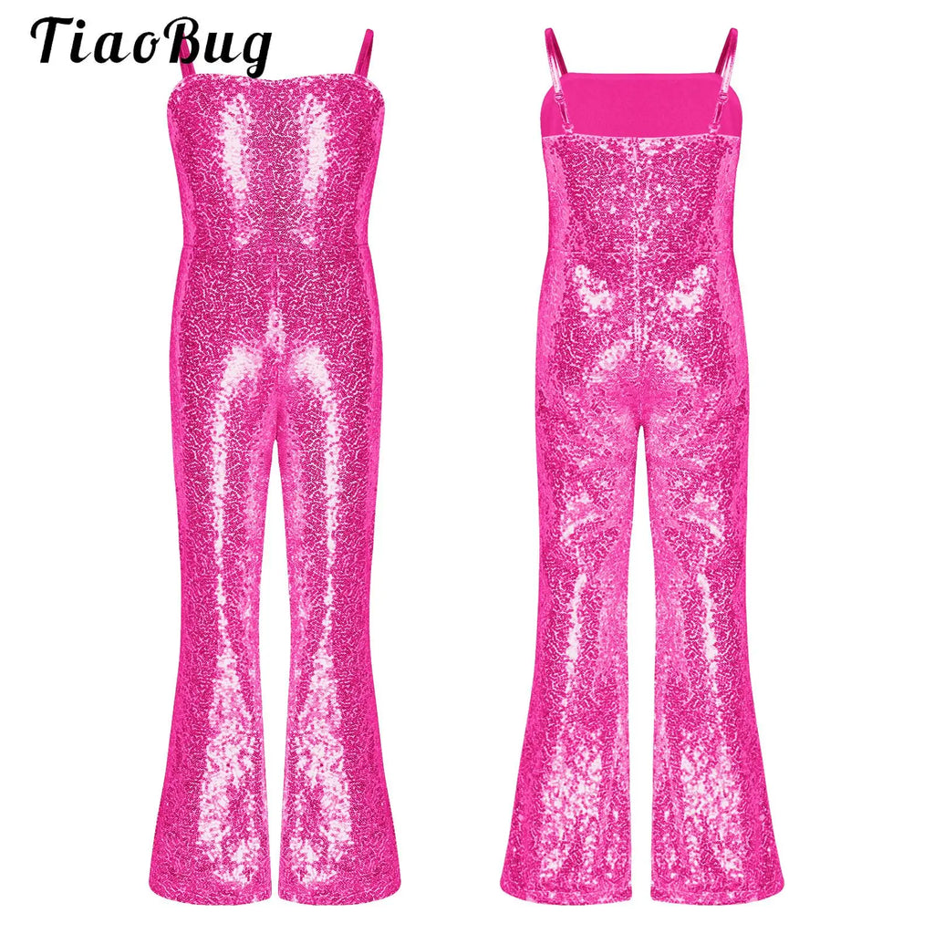 Shiny Halloween Hippie Costume Bell Bottom Jumpsuit for Girls Movie Character Sequins Disco Outfit 70s 80s Prom Party Costume Quake