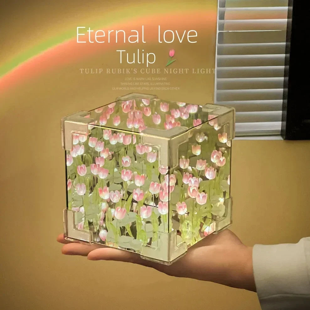 DIY Creative Tulip Flower Sea Cube 3D Small Night Lamp for Bedroom Handmade Craft Tulips for Girlfriend Couple Birthday Gift Quake