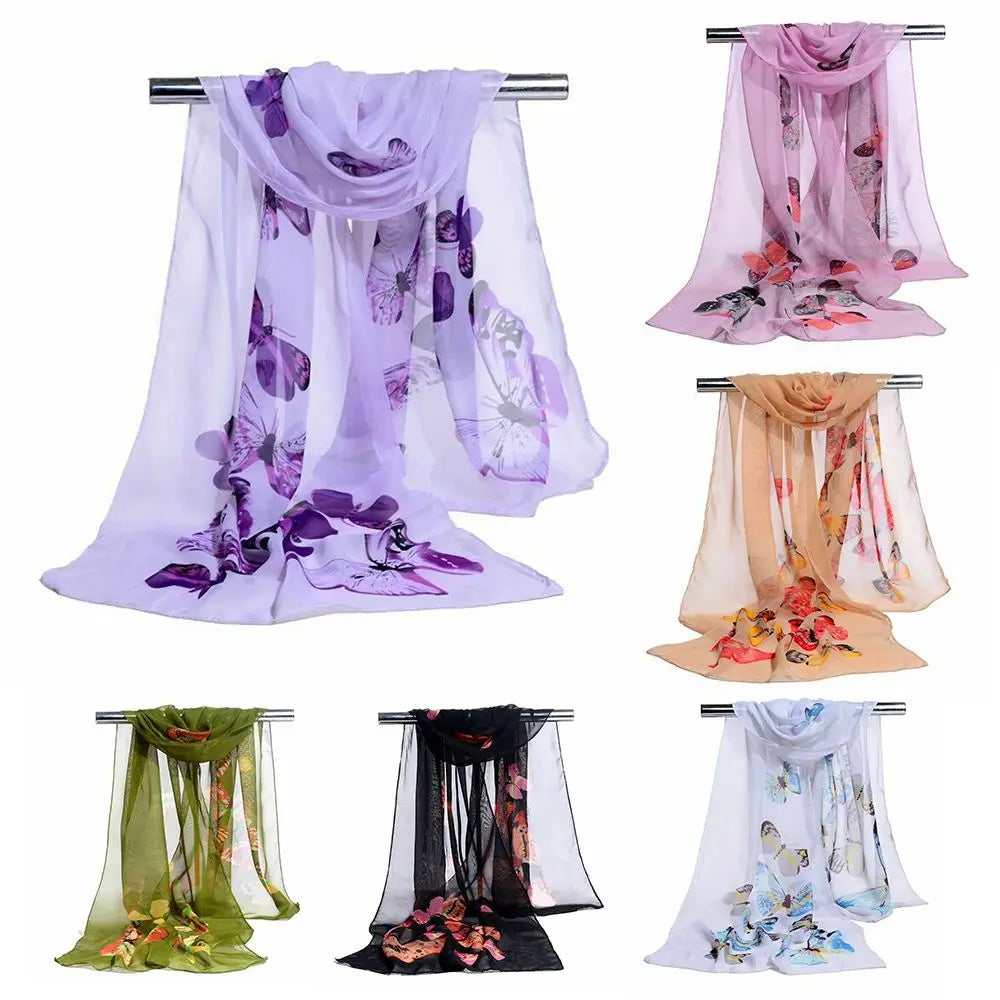 New Trendy Elegant Silk Scarves Women's Butterfly Flower Print Long Chiffon Scarf Soft Wrap Lady Shawl Fashion Accessories Quake