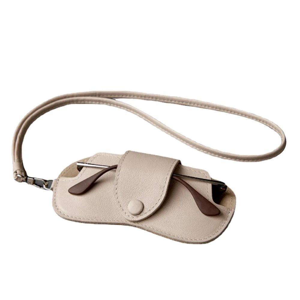 PU Leather Sunglasses Storage Bag with Lanyard Durable Sunglasses Pouch Solid Color Portable SunGlasses Holder Quake Beige