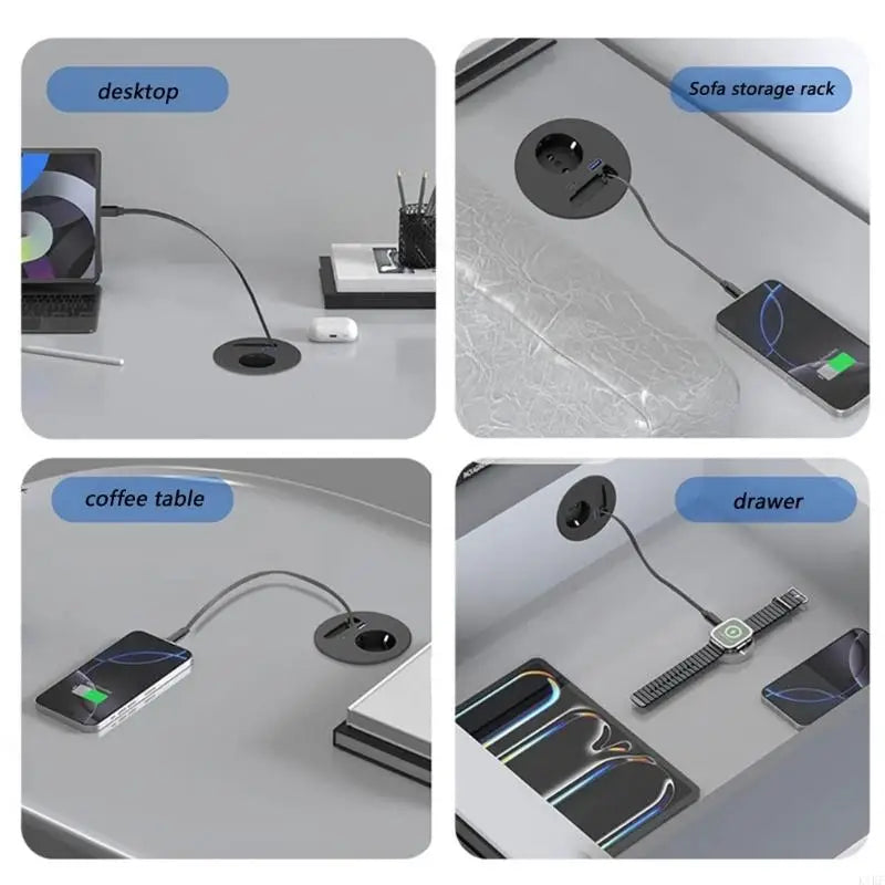 Embedded Round European Socket With 70cm Retractable Cable For Desk Installation And Fast Charging K1KF Quake