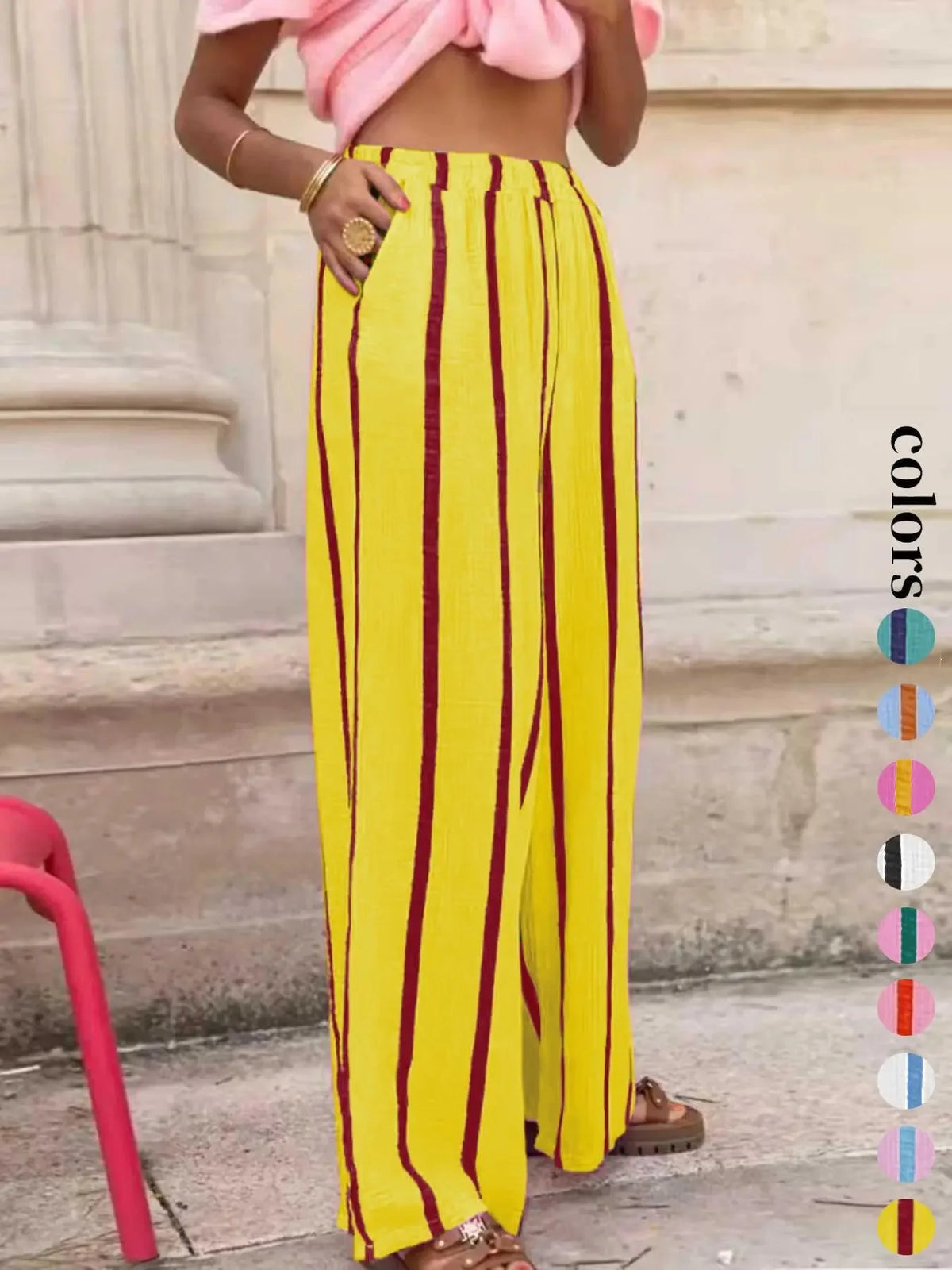 Women's Vertical Stripe Wide-leg Pants, Elastic Waist Pleated Casual Trousers, Resort Style Loose Slimming Floor-length Quake 9 XL