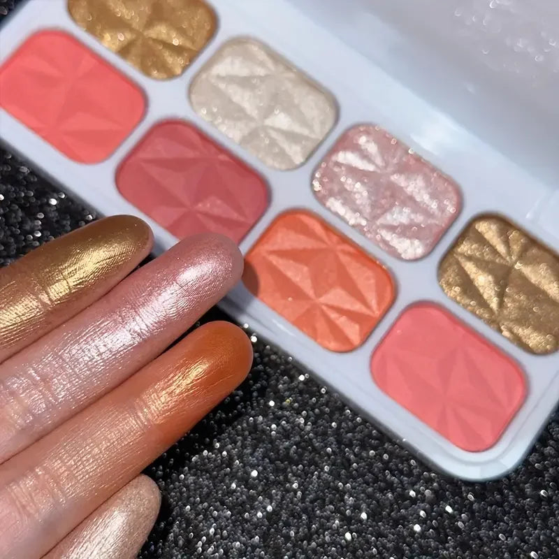 8 Color Highlight and Blush Eyeshadow Palette, Matte Pink Blush and Shimmer Shimmer Highlight Eyeshadow Makeup Cosmetics Quake