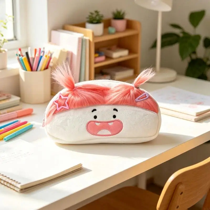 Plush Pencil Case with Soft Cotton Fabric and Playful Cartoon Face, Writing Tool Storage for Pencils, Erasers, Rulers and K1KF Quake