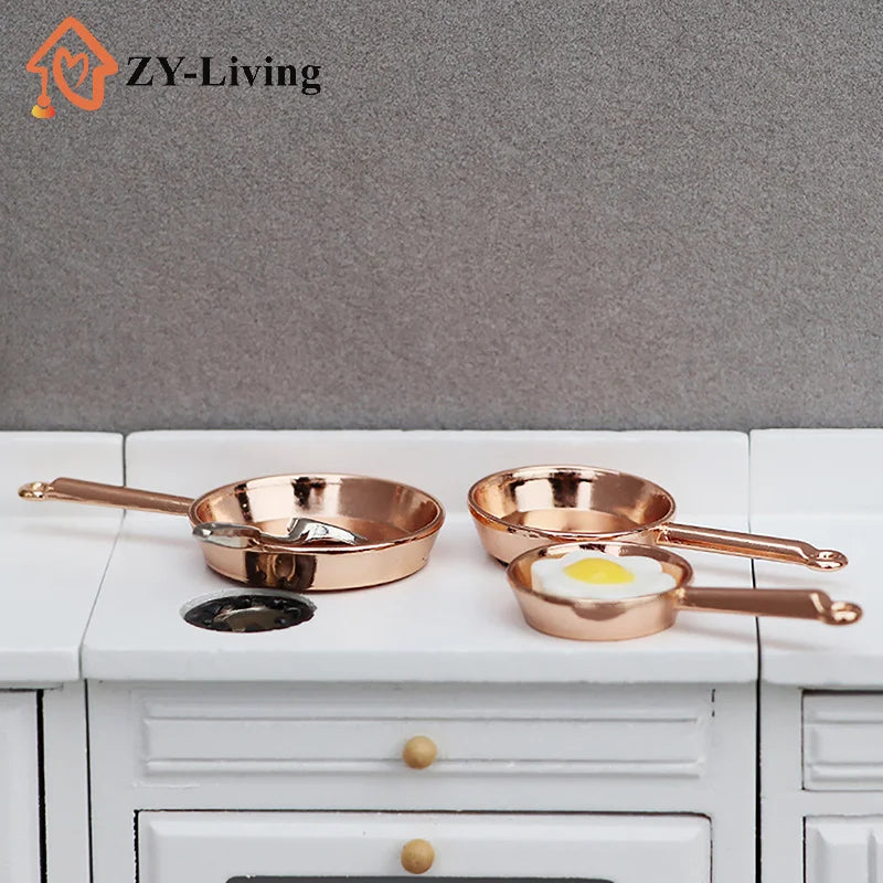 3pcs/Set 1:12 Dollhouse Miniature Frying Pan Casserole Metal Cookware Kitchen Model Decor Toy Doll House Accessories Quake