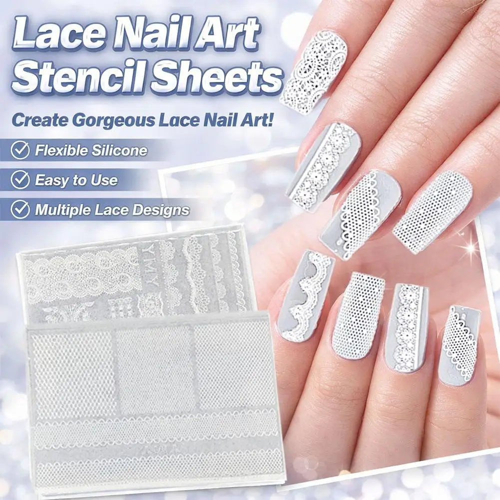 Lace Nail Art Stencil Sheets Flexible Silicone Nail Templates Hollow French Lace Mesh Pattern DIY Polish Transfer Mold Manicure Quake