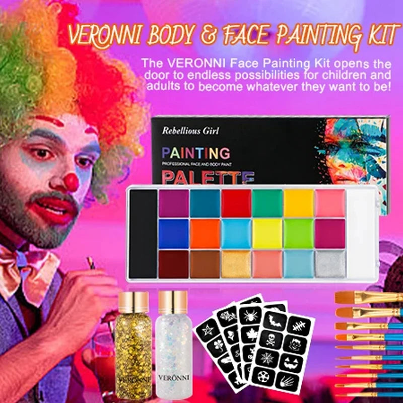 20 Colors Face Body Oil Paint Makeup Set Pigment Non Toxic Kids Flash Tattoo Painting with Brush Art Halloween Cosplay Party Quake