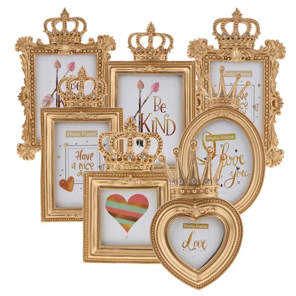 Decorative Gold Photo Frame Resin Crown Stand Vintage Golden Frame for Setup Decoration and Wedding Party Home Decor Quake
