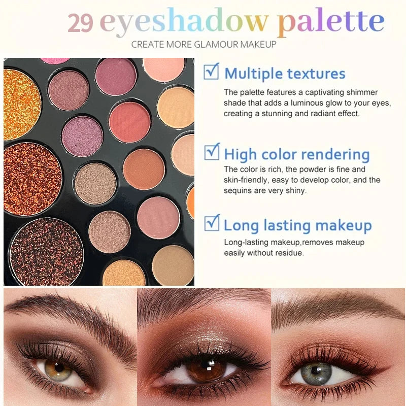 29 Colors Eyeshadow Palette Set with Mascara Eyeshadow Brush Earth Color Waterproof Long Lasting Music Festival Cosmetics Makeup Quake
