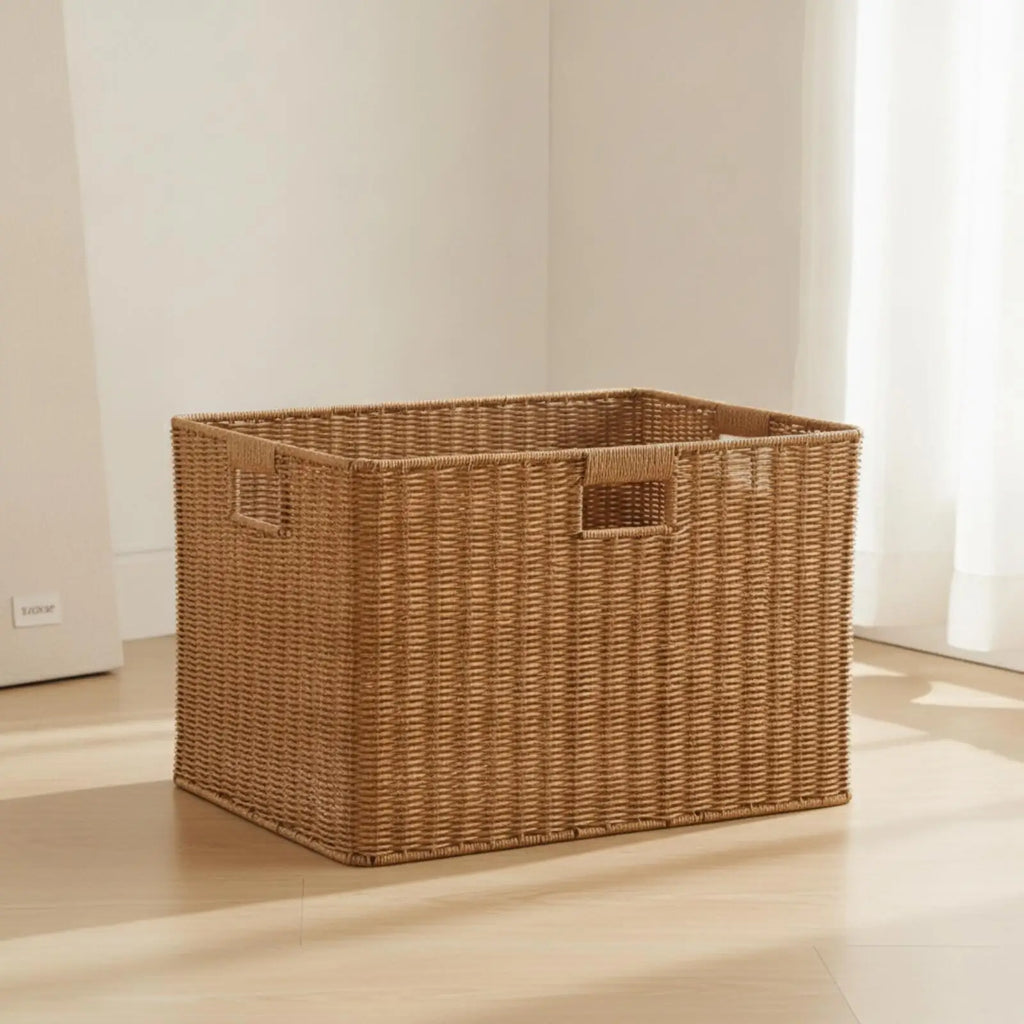 Woven Laundry Hamper No Assembly Required Rectangular Woven Basket with Steel Frame for Closet, Bedroom, Moving Quake