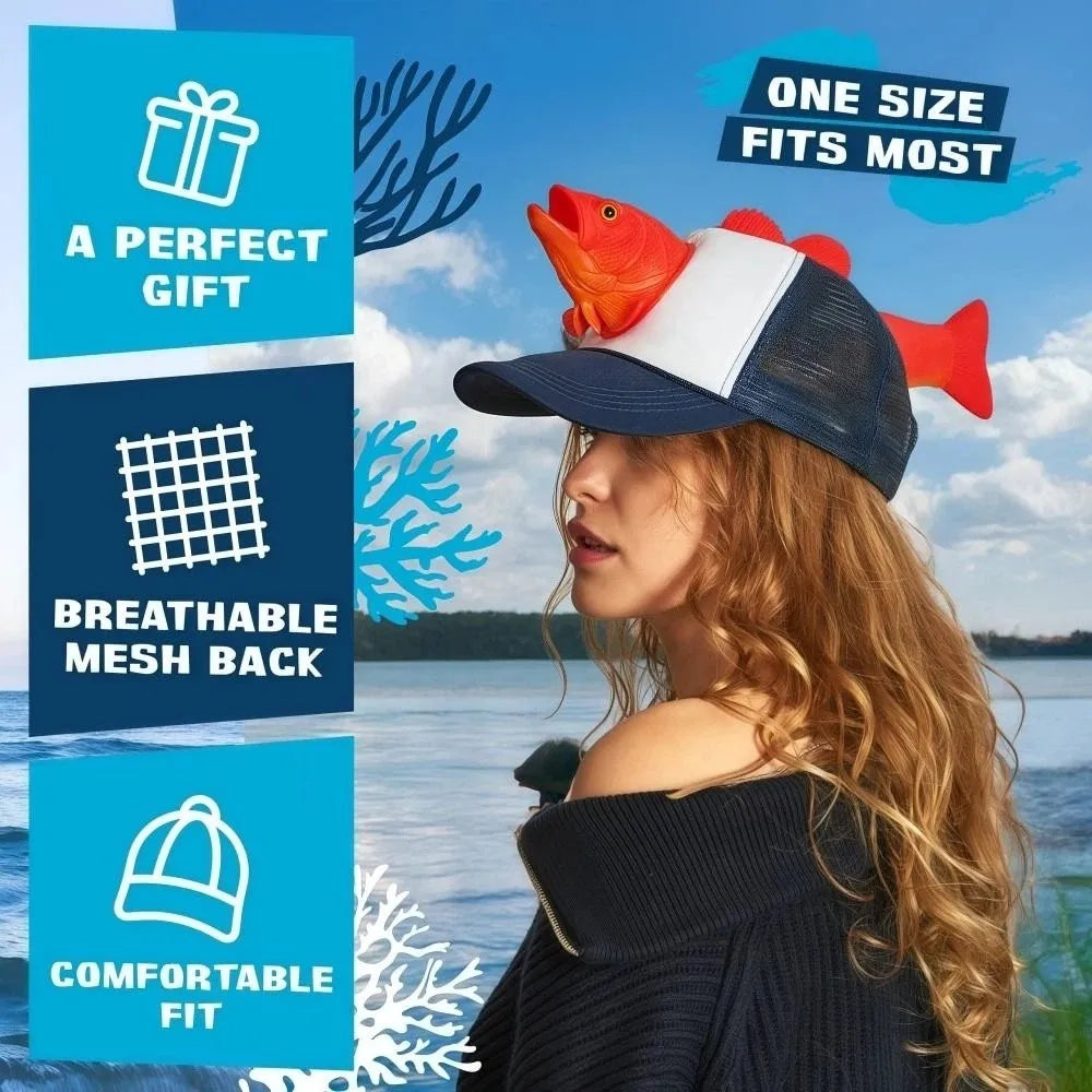 Funny 3D Fish Animal Trucker Hat Mesh One Size Novelty Fishing Hat Breathable Adjustable Fit Baseball Cap For Men Women Quake