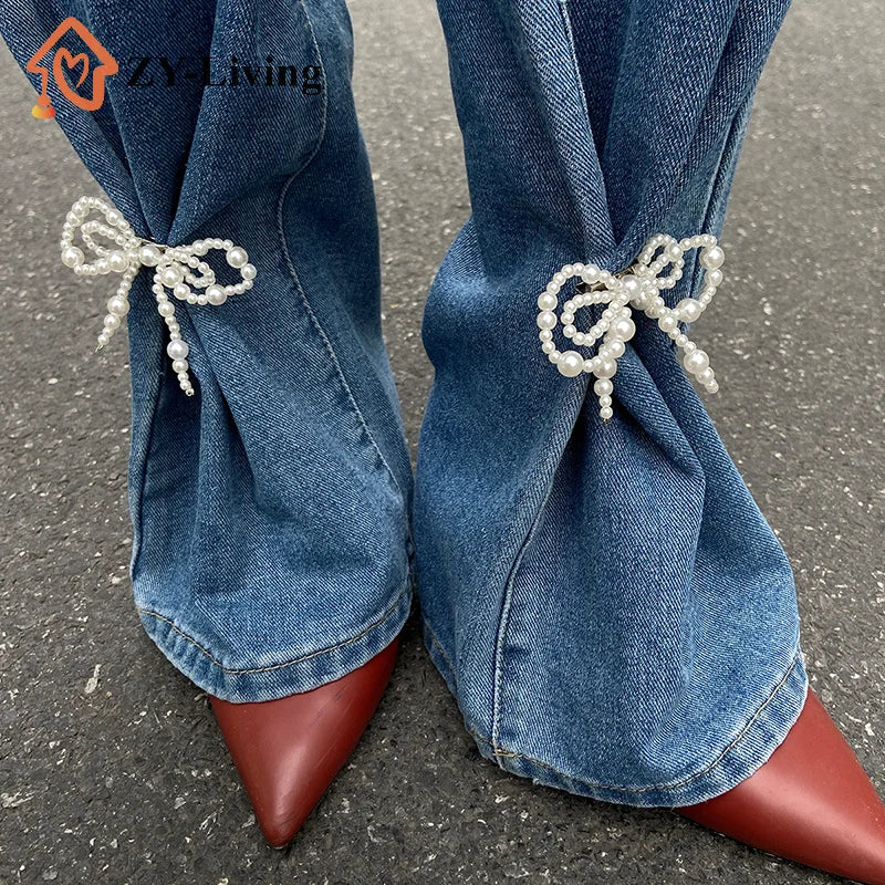 1PCS Imitation Pearl Bow Pin Button Clasps Fixed Clothes Pin Adjustable Detachable Jean Fit Tighten Buckle Unisex Quake