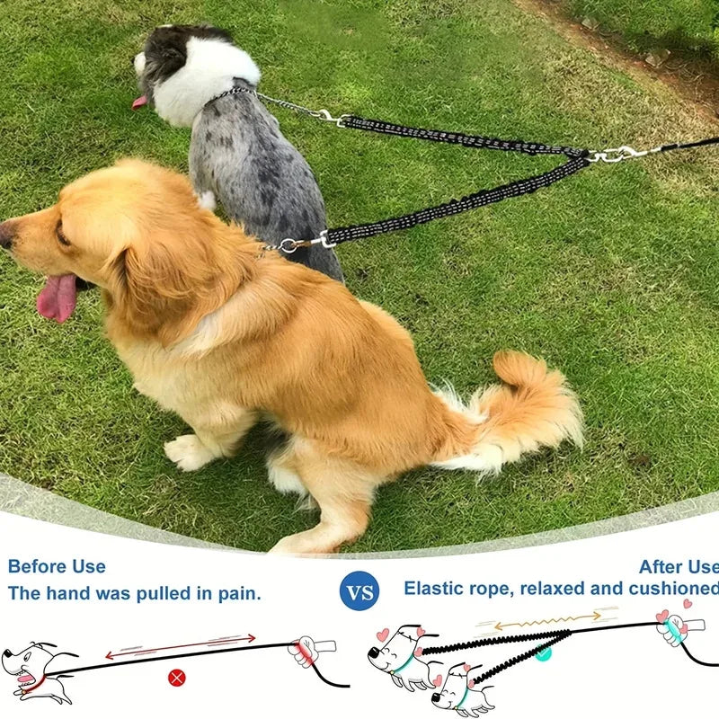 Pet Dog Double Leashes - No Tangle Dog Leash Coupler, Comfortable Shock Absorbing Reflective Bungee Lead for Nighttime Safety Quake