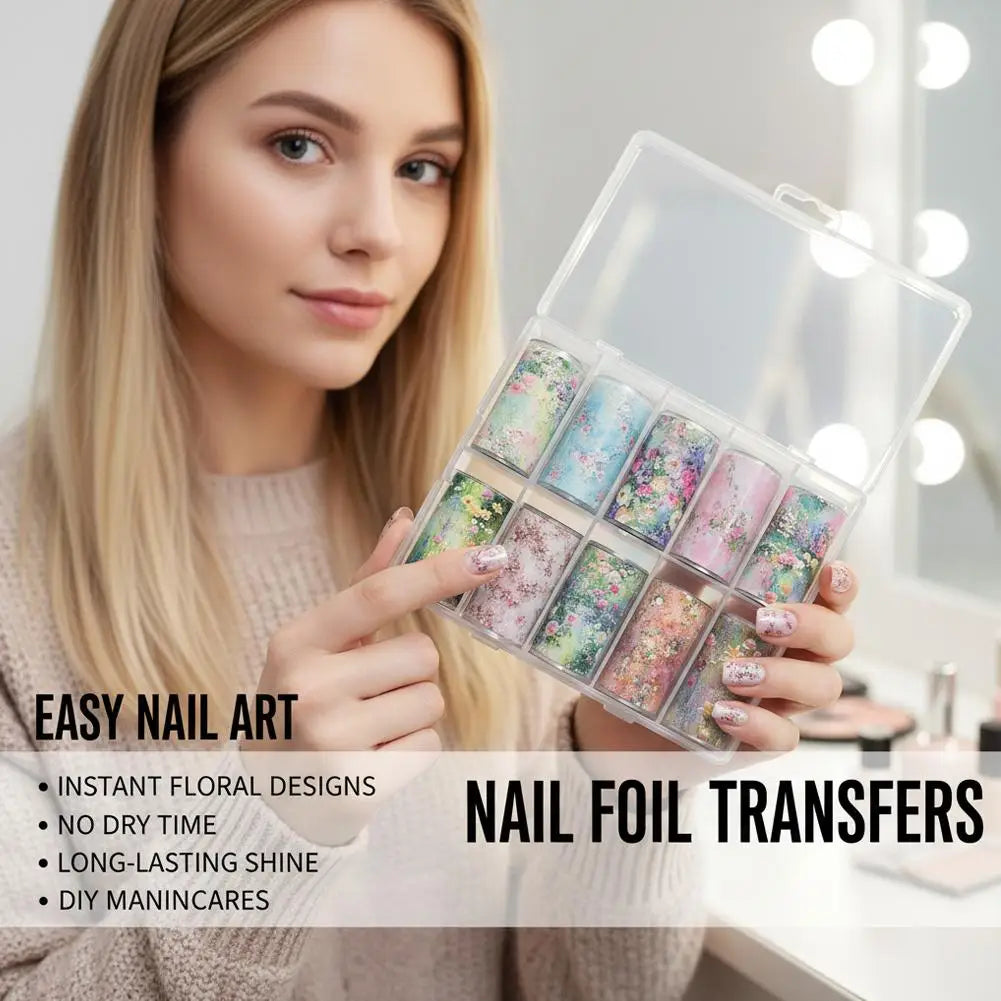 10 Rolls Flower Nail Foil Nails Art Design Stickers Decals Holographic Foils Paper Starry Sky Star Transfer Foil Nail Decoration Quake