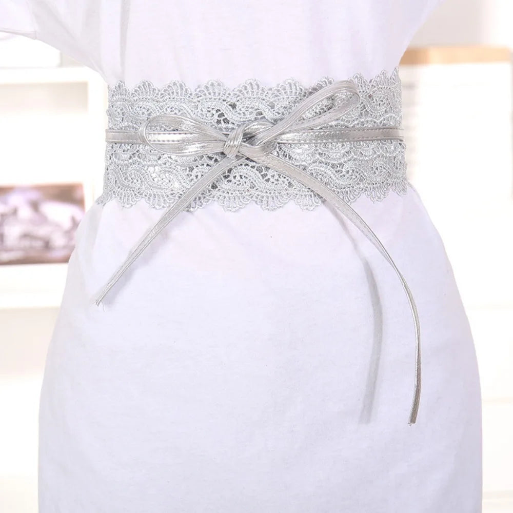 Boho Style Soft Lace Waist Belt Self Tie Wrap Around Bow Tie Belt Wide Cinched Waistband Obi Belt for Dresses Quake Silver