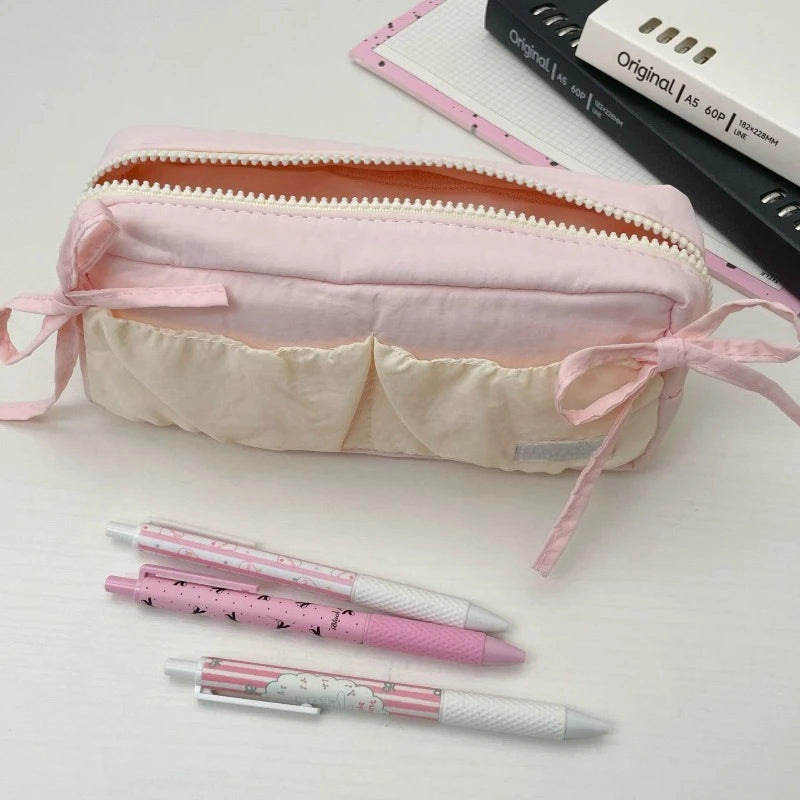 Small Fresh Cloud Toast Bow High Beauty Student Pen Case Multi Functional Large Capacity Storage Bag Quake