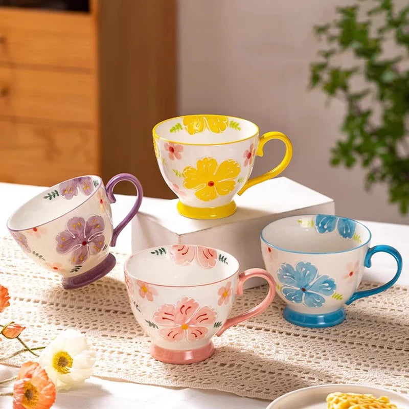 1pcs Flower Ceramic Mug Heat-resistant Breakfast Milk Oat Cup Hand Drawn Large Capacity Juice Handle Cup Microwave Safe 450ml Quake