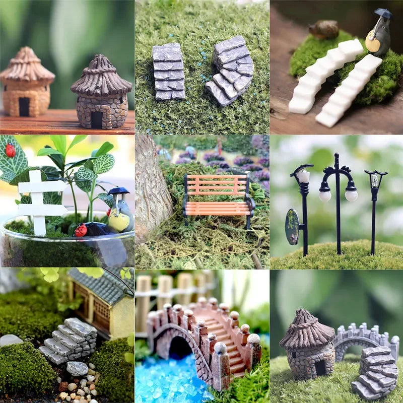 Mini Craft Figurine Bend Bridge House Mushroom Fence Craft Figurine Plant Pot Garden Ornament Miniature Fairy Garden Decor DIY Quake