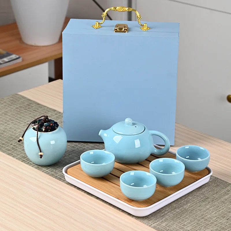 Ding kiln kungfu tea set complete set including tea tray with gift box ceramic teapot gift high-end Quake Blue