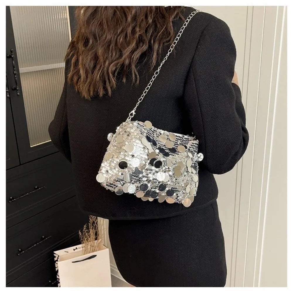 Casual Sequin Shoulder Bag Lightweight Large Capacity Chain Crossbody Bag Solid Color Female Handbag For Evening Party Quake