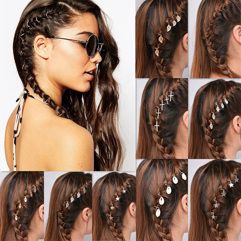 5/10 Pcs Hair Braids Leaves Beads Women Silver Gold Color Hip-hop Hair Rings Braid Bead Hair Headband Braiders Accessories Quake