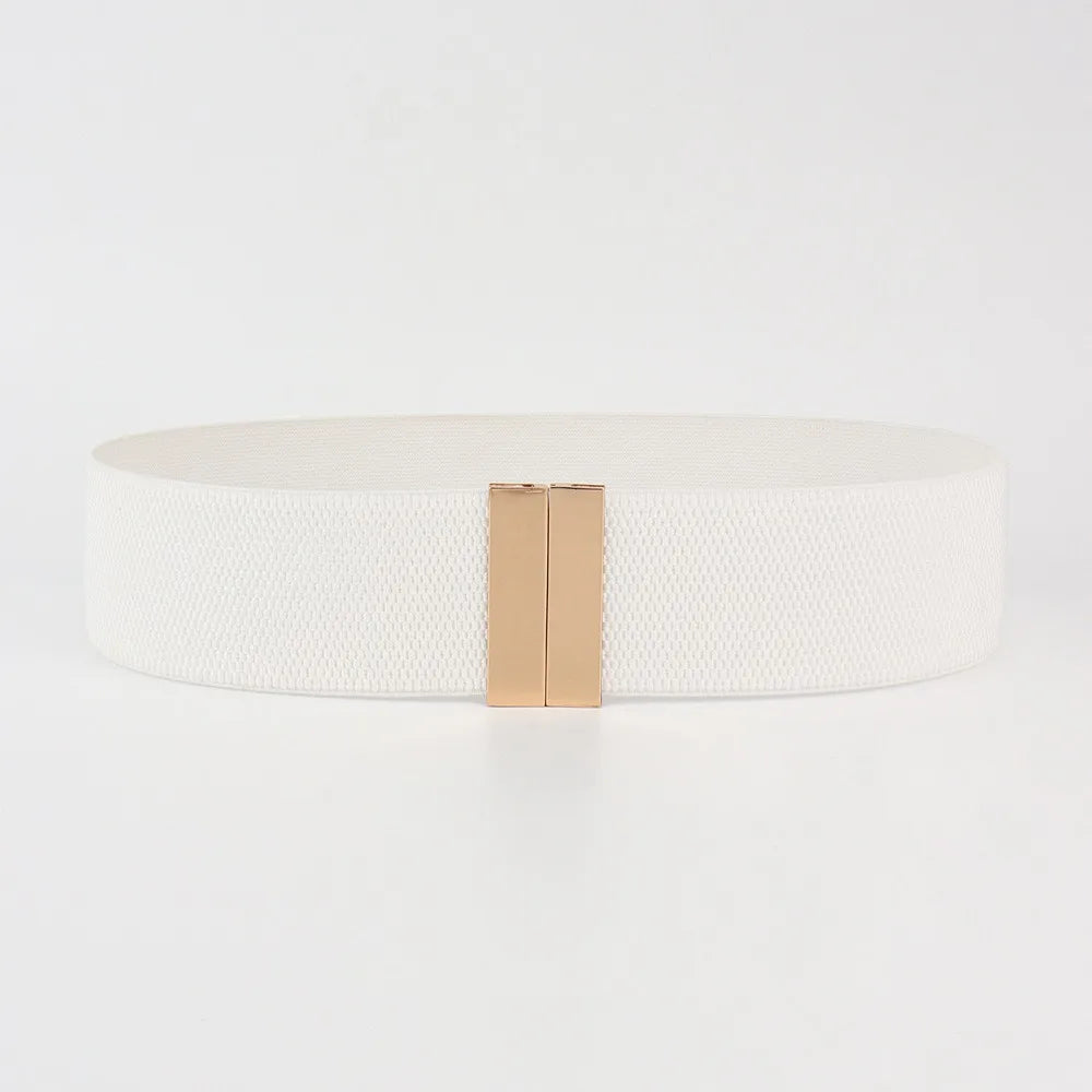 New Wide Elastic Belt Solid Color Metal Buckle Stretch Cinch Waistband Waistband Corset Belt Down Coat Quake White Gold