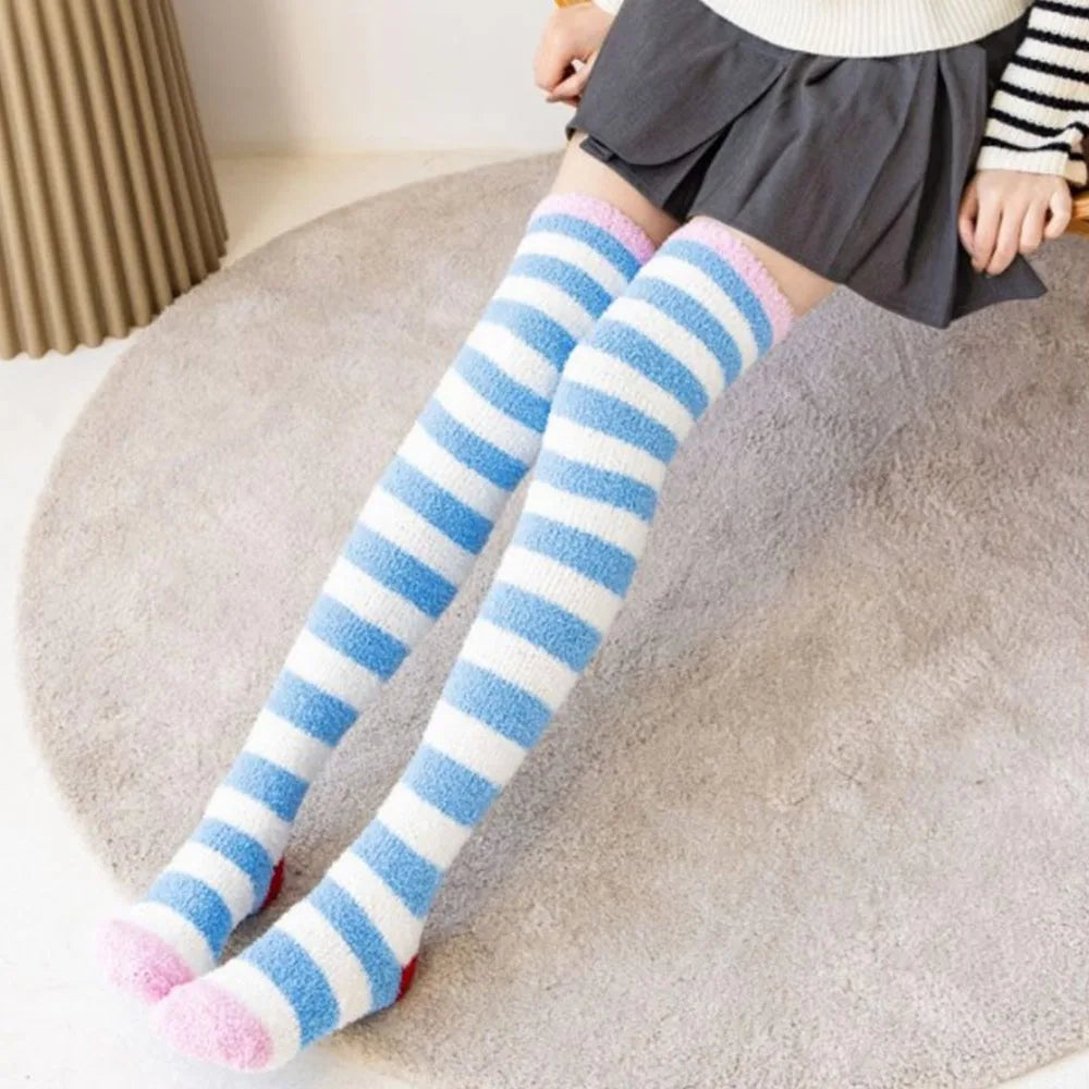 Soft Warm Striped Stockings Long Tube Comfortable Over Knee Socks Coral Velvet Cozy Lined Terry Socks Winter Quake 3 One Size