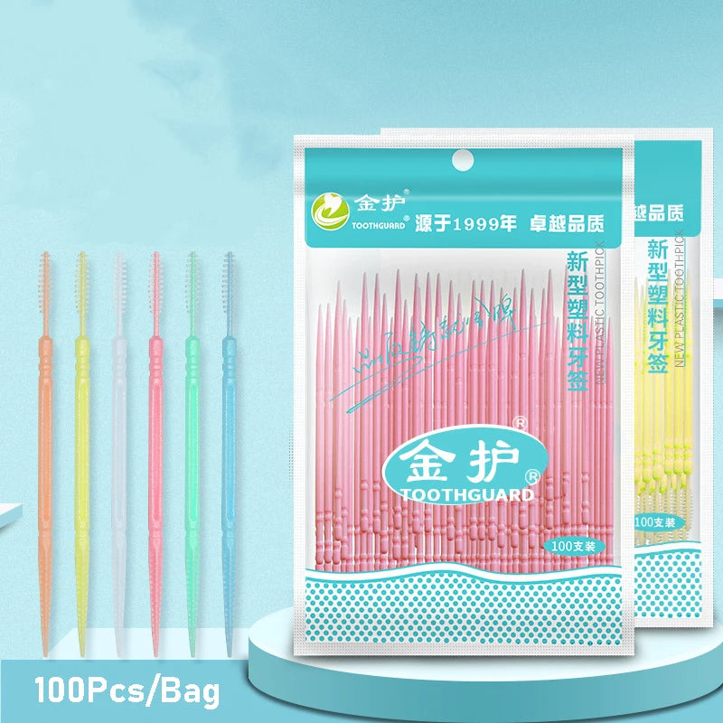 100pcs/box Double Head Plastic Toothpick Oral Care Disposable Household Hotel Dental Floss Interdental Teeth Stick Brush Random Quake