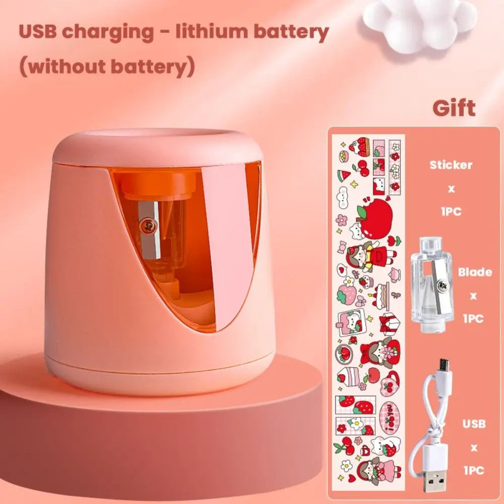 with Decorative Sticker Cartoon Creative Stationery Mechanical Tool Electric Pencil Sharpener Switch Automatic Quake Pink-USB Charging