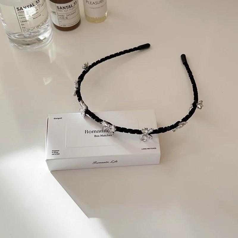 Slim Edged Rhinestone Bow Headband for Women Girls Korean Style Fashion Versatile Headband Hair Styling Accessories for Outings Quake black
