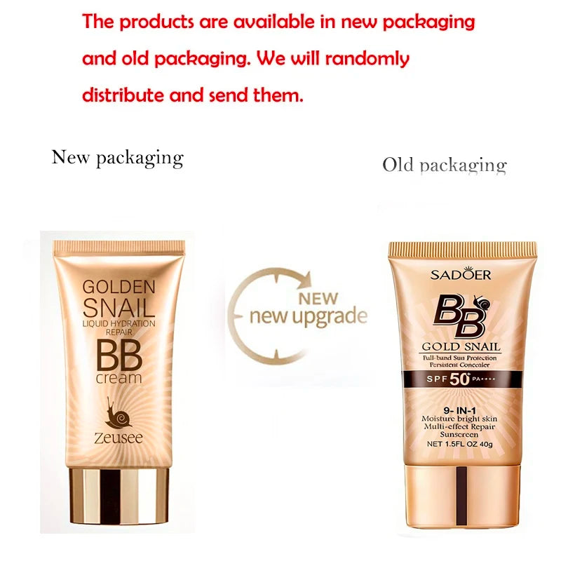 SADOER Gold Snail Sunscreen BB Cream Foundation Concealer Moisturizing Isolation Cream SPF50+PA+++ 40g Quake