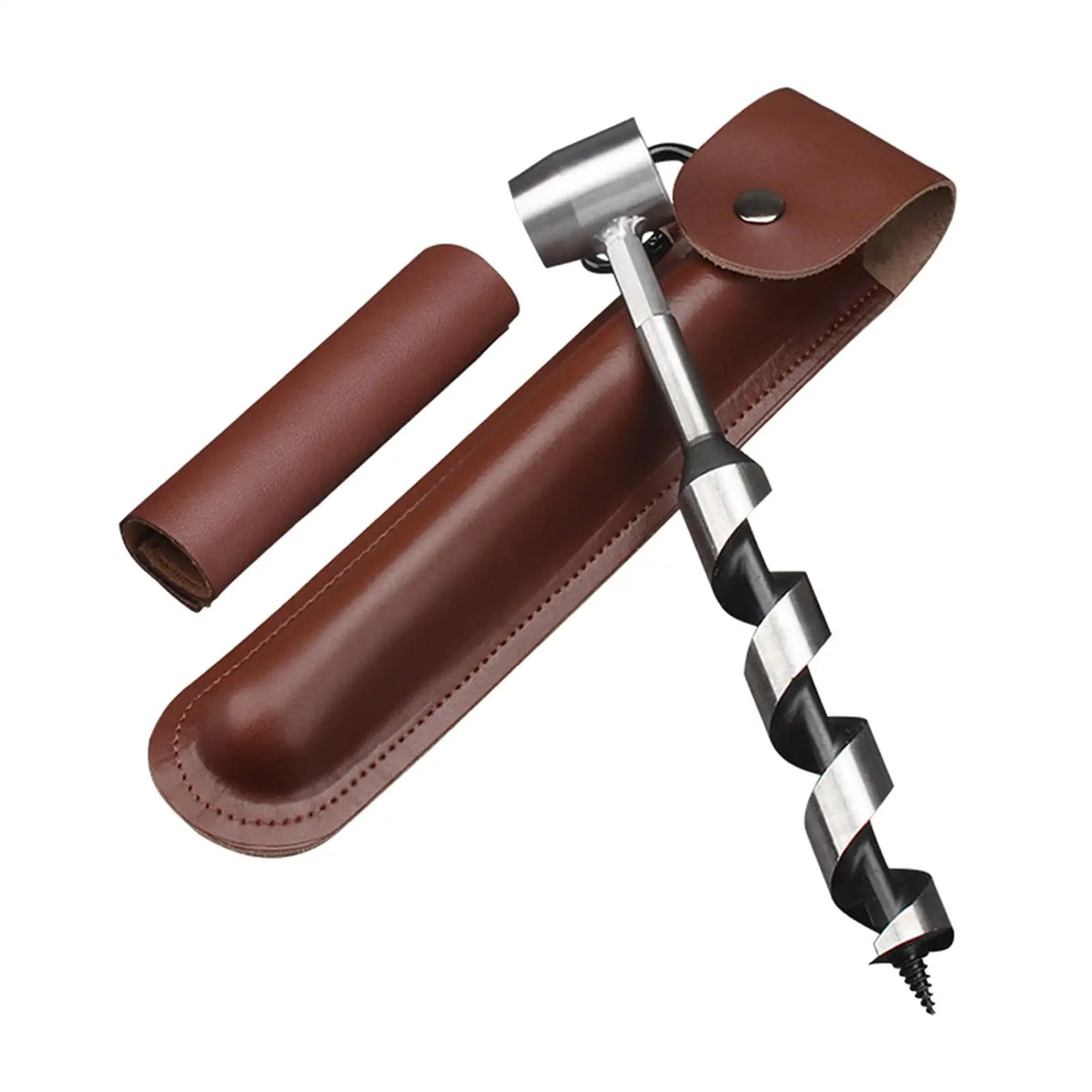 Hand Auger Wood Drill, Woodworking Drill Bit Leather Case, Survival Settlers Tool Spiral Drill Hole for Backpacking Outdoor Quake
