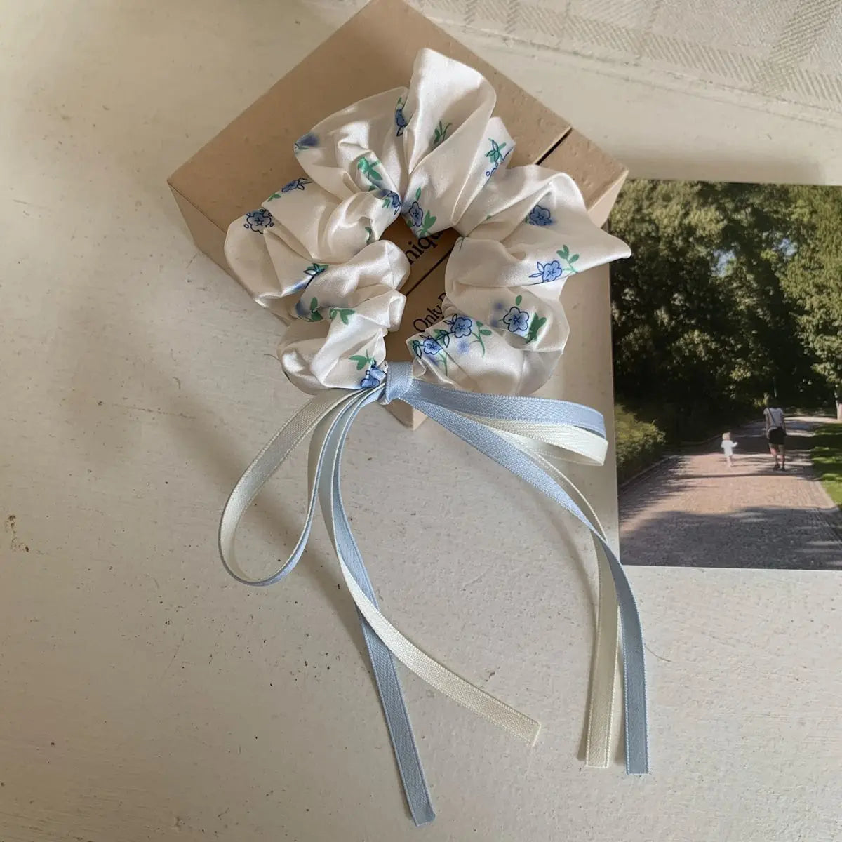 Satin Floral Bow Headband Sweet Girl Double Ponytail Large Intestine Headband Hair Accessory Quake blue