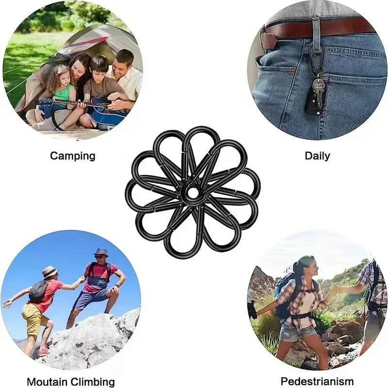 6Pcs Black Type D Carabiner Hooks for Outdoor Hiking Camping–Durable Steel Buckle Clips for Backpacks,Tents,Ropes&Adventure Gear Quake