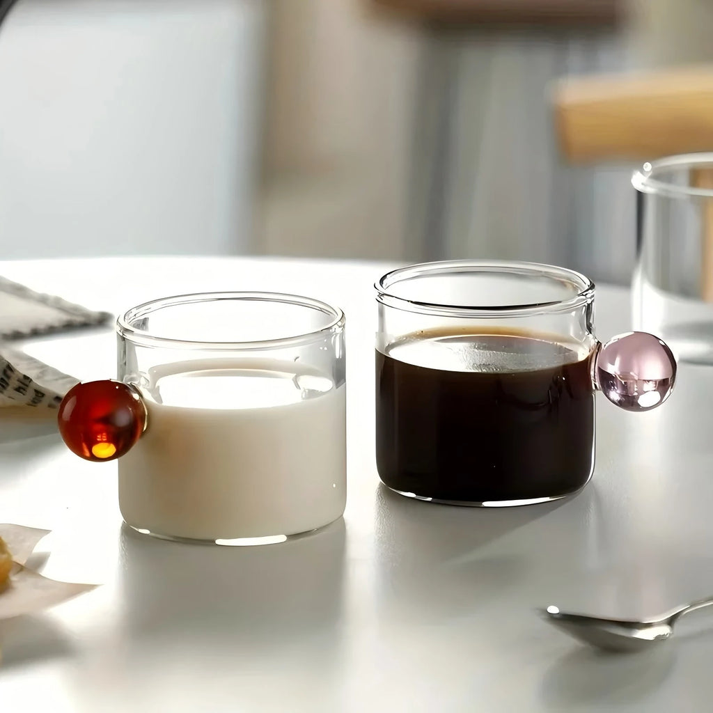 6pcs Espresso Cups with Ball Handle Mini Coffee Cups Heat Resistant Teacup Glass Drinking Mug Drinkware 100ml/3.38oz Quake
