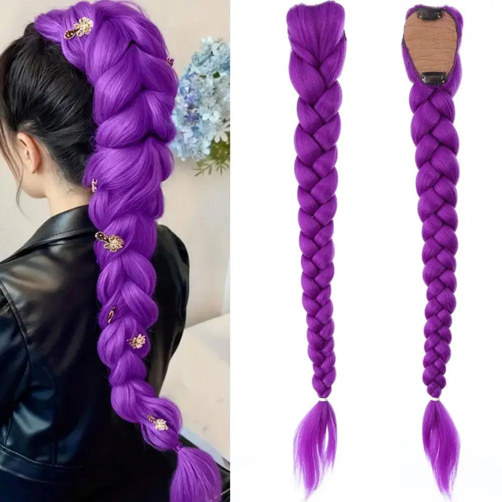 Purple Braided Ponytail Hair Extension for Kids Clip In Long 26 Inch Synthetic Braid for Halloween Christmas Party Cosplay Quake