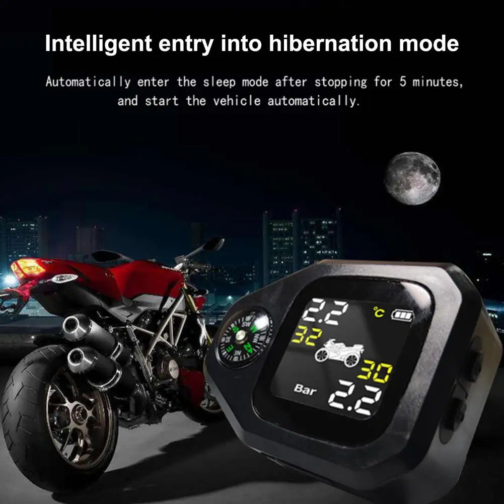 Motorcycle TPMS with Compass Dustproof LCD Screen High-Precision External Sensor Tire Pressure Monitor for Motorcycle Quake