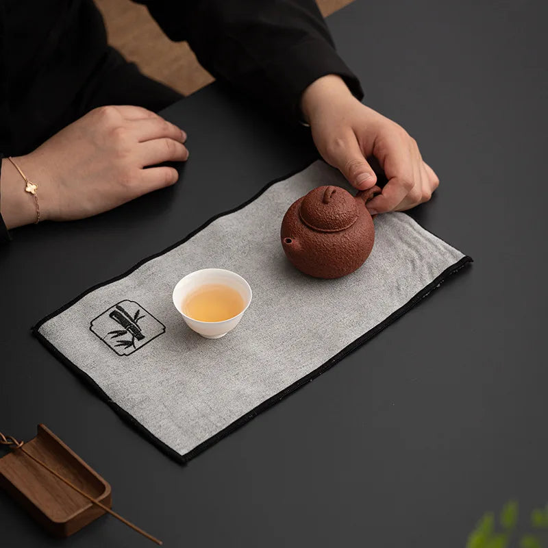 Embroidered Imitation Deer Skin Velvet Double-sided Tea Towel Zen Minimalist Tea Cloth Tea Mat Teapot Care Towel Kung Fu Tea Set Quake